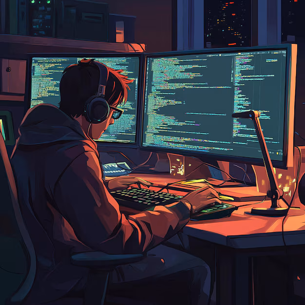 Software developer debugging code - A game developer debugging code and fixing issues in a software ...