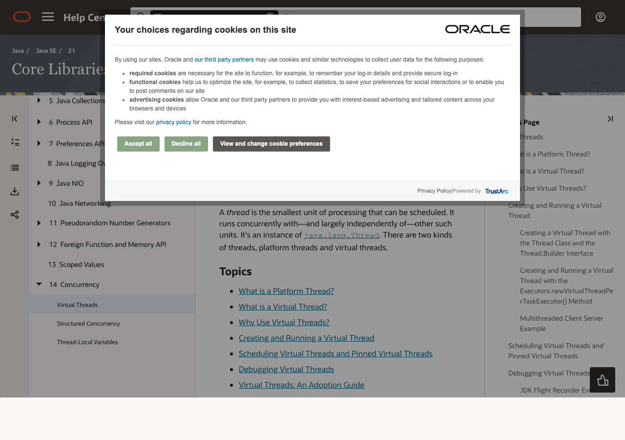 Oracle documentation page for Java virtual threads