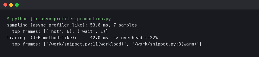 Terminal output for JFR vs async-profiler for production CPU profiling: overhead, allocation tracking, and flame quality